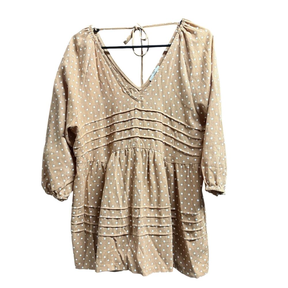 Entro Polka Dot Mini Dress Women’s M Boho V-Neck Tie Back Peasant 3/4 Sleeve